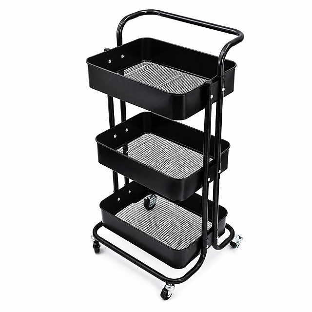 [Main Image - 1] Black 3-tier rolling storage utility cart main image for Amazon. Keep the product appearance (physical structure, material texture, color) consistent with the input image, no distortion or color difference, fine processing. Product subject is centered, occupies 85% of the frame, pure white background #FFFFFF, no any extra text, marketing information, watermark or logo, conforms to Amazon cross-border e-commerce main image specification. Commercial photography texture, soft and bright natural light, product clear and real, high-definition 4K, the picture is clean and high-end. Subject proportion 85%+, product placement 45-degree oblique angle, full display of three layers of storage space and universal wheels at the bottom. Light and shadow: main light from the front, soft light, reflection of the metal frame highlights the texture, clear shadow, transparent picture. Color matching: the product is all black, the background is pure white, strong contrast. Perspective composition: 45-degree oblique overlooking, complete product, no cutting. 1:1 square. Resolution 2048*2048. Negative prompt: deformation, watermark, text, extra logo, blurred product image, messy background.