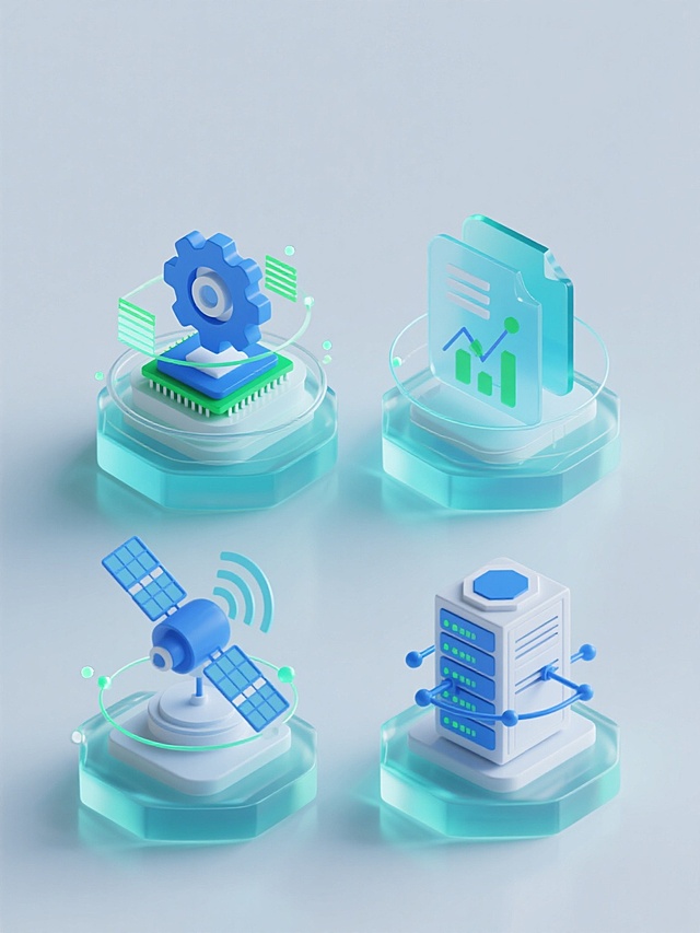科技感十足的3D轻拟物图标，采用玻璃风透明材质与清透渐变色，融合未来感设计语言，展现数据、卫星、服务器与系统设置的智能视觉表达。