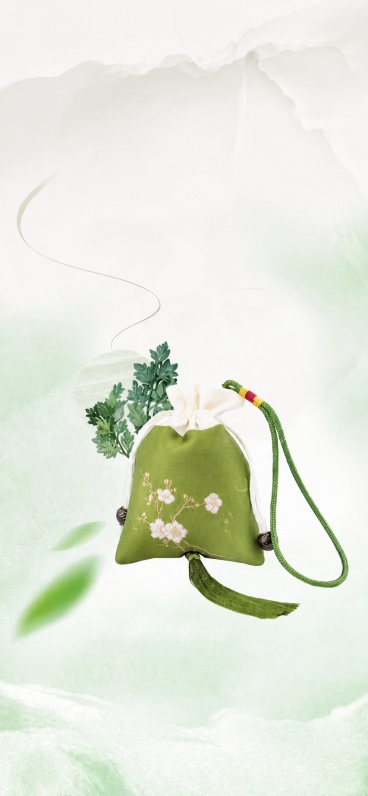 参考原图的国风渐变绿色背景风格，保留香囊和艾草元素，移除图片中所有的汉字和英文，只保留背景和香囊主体，保持整体风格不变预览效果
