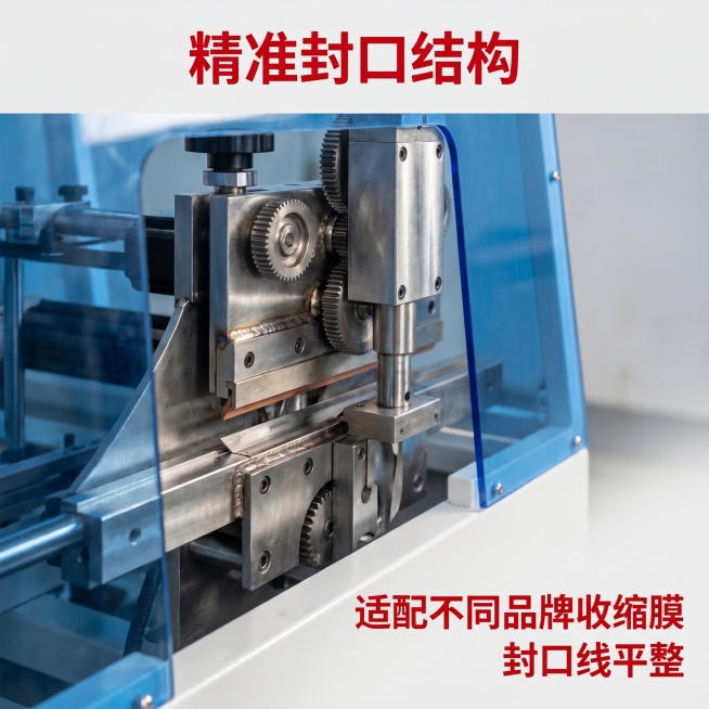 [主图 3] 全自动间歇式边封机关键结构细节特写。
[氛围风格] 专业工业风，突出工艺细节，与全套风格统一；
[画质] 商业摄影质感、微距细节清晰、产品纹理真实、画面干净高级。
[元素] 特写边封封口预览效果
