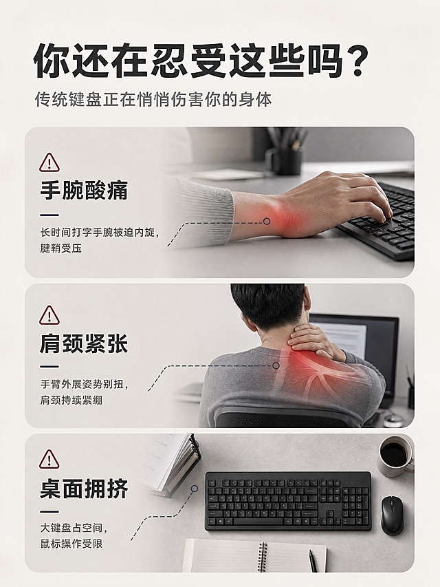 [商品] 本页为痛点场景页，不使用产品图。
[画面] 页面目标：直击传统键盘使用痛点，引发用户共鸣。构图：上下结构，上方大标题区，下方3个痛点场景卡片纵向排列；每个卡片配简约办公场景插画/实景小图。场景1：长时间打字手腕内旋酸痛（手腕贴桌面红肿示意）；场景2：肩颈紧张僵硬（肩部肌肉紧张示意）；场景3：桌面拥挤布局不合理（传统大键盘占满桌面）。整体氛围偏压抑暗沉，与后续产品页形成对比。
[视觉] 套系策略：风格=极简科技办公商业摄影；标题字=现代无衬线粗黑体；正文字=简洁无衬线体；主色=米白+浅灰；背景延展=基于米白浅灰做深浅层级、同色渐变和细腻哑光桌面质感；强调色=深灰蓝，仅用于小面积图标、引线和标签；标题色=深炭灰；正文色=中暖灰；组件=圆角浅底信息卡、细线引线；光影=左前侧柔和自然光。本页痛点卡片用浅灰底+深灰文字，痛点图标用暗红色做小面积警示感。
[文字] 顶部主标题「你还在忍受这些吗？」，副标题「传统键盘正在悄悄伤害你的身体」；下方3个痛点卡片：1.「手腕酸痛」长时间打字手腕被迫内旋，腱鞘受压；2.「肩颈紧张」手臂外展姿势别扭，肩颈持续紧绷；3.「桌面拥挤」大键盘占空间，鼠标操作受限。
[规格] 图片比例3:4竖版，4K分辨率，避免变形、错字、文字过小、出现具体品牌键盘、冷蓝科技感过重。