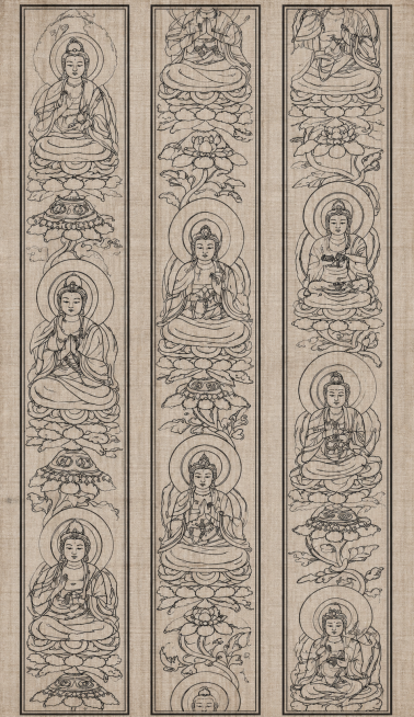 参考原图的构图和人物造型，重新生成清晰的帛材质三列菩萨坐莲白描线稿，保持原布局和线描风格，呈现古画帛本的质感预览效果