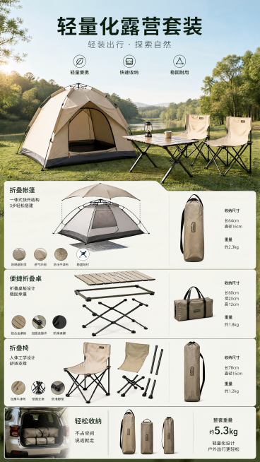 轻量化露营套装元素展示，包含折叠帐篷、便捷折叠桌椅，户外清新自然风格，清晰展示产品结构预览效果