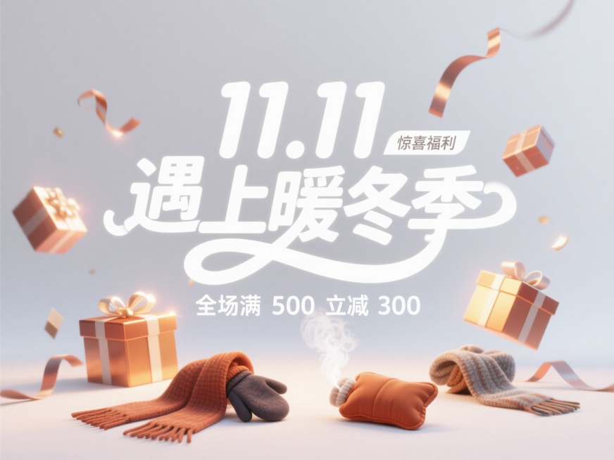 中间“11.11 遇上暖冬季"，标签“惊喜福利”，底部文案"全场满500立减300"，穿插礼盒迸发特效和围巾、手套、暖水袋等冬日元素，白色背景预览效果