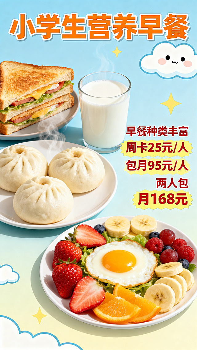 小学生营养早餐宣传海报，画面展示丰富多样的早餐美食，包括三明治、包子、牛奶、鸡蛋、水果等。海报上包含清晰的价格文案："早餐种类丰富 周卡25元/人 包月95元/人 两人包月168元"。整体风格活泼明亮、干净清新，适合吸引家长和小朋友，构图主次分明，价格信息醒目。更换新的构图和搭配，重新生成一张