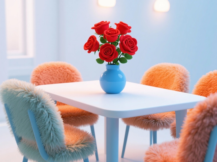 一束鲜艳的红色玫瑰花，插在蓝色的花瓶中，花瓶放置在白色的餐桌上，整体呈现出3D毛绒质感，花朵、花瓶和餐桌都覆盖着柔软的绒毛，光线柔和，色彩鲜明预览效果
