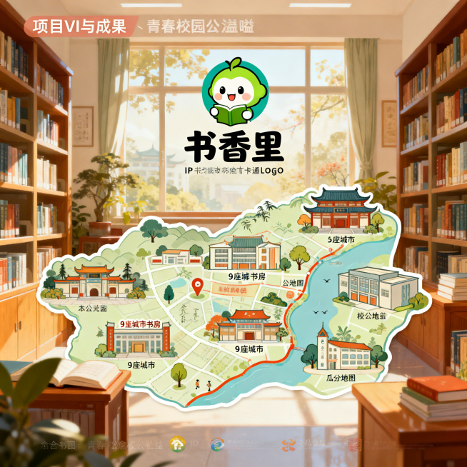 项目VI与成果主题插画，包含书香里IP吉祥物，卡通Logo，9座城市书房Q版地图，明亮国风插画风格，治愈系国风，青春校园公益温暖风格，暖色调，高清细节预览效果