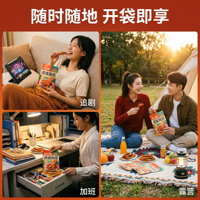 主图主题：王小卤虎皮凤爪多元食用场景拼图
氛围风格：生活化氛围感，自然真实，年轻休闲
画面元素：三格拼图布局，分别展示：年轻人窝在沙发追剧吃凤爪、办公室加班抽屉拿凤爪、户外露营野餐垫摆放凤爪，每张拼图预览效果