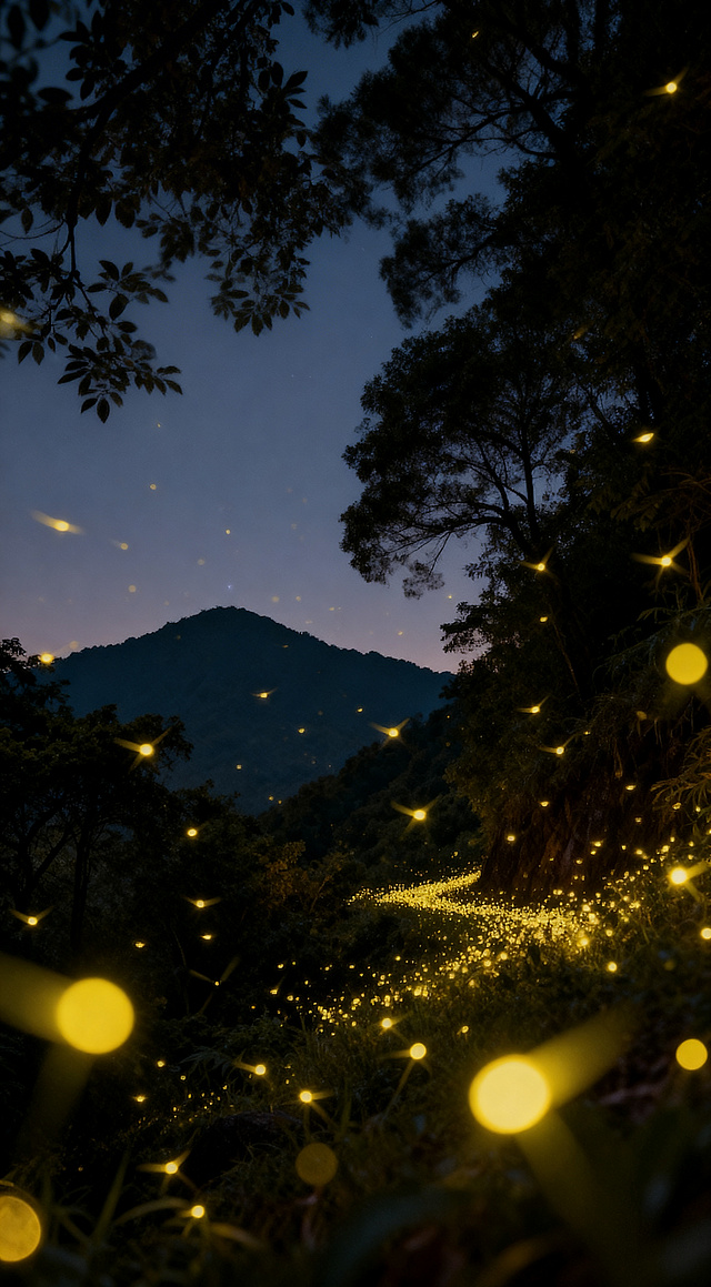 去除图片上的所有文字，保留丹霞山夜景和萤火虫的画面，整体梦幻自然，保留原始构图和风格，只去掉文字不改变其他内容
