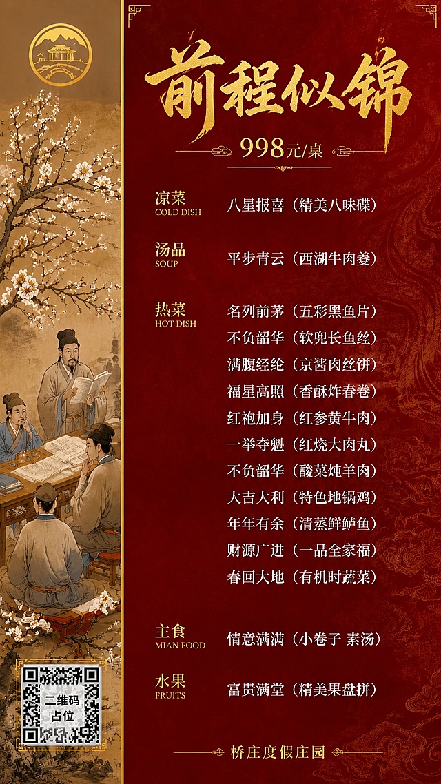 参考图版式复刻，保留左侧竖版古画人物条屏+右侧深红底菜单区的左右分栏版式骨架，替换全部文案为桥庄度假庄园前程似锦宴菜单内容。国风新中式工笔风格，红金配色，喜庆典雅。左侧条屏为古代文人读书论道的工笔人物画，古绢底色，梅花树枝点缀，顶部有金色圆形logo占位，底部有二维码占位方块（方块中央标注"二维码占位"文字）。右侧深红色纹理背景，暗纹祥云装饰，金色描边。顶部主标题为金色书法大字"前程似锦"，下方副标题"998元/桌"。下方菜单分区清晰，左对齐排版，分类标题为金色小字+英文小字，菜品名为白色字体：凉菜 COLD DISH："八星报喜（精美八味碟）"；汤品 SOUP："平步青云（西湖牛肉羹）"；热菜 HOT DISH："名列前茅（五彩黑鱼片）"、"不负韶华（软兜长鱼丝）"、"满腹经纶（京酱肉丝饼）"、"福星高照（香酥炸春卷）"、"红袍加身（红参黄牛肉）"、"一举夺魁（红烧大肉丸）"、"不负韶华（酸菜炖羊肉）"、"大吉大利（特色地锅鸡）"、"年年有余（清蒸鲜鲈鱼）"、"财源广进（一品全家福）"、"春回大地（有机时蔬菜）"；主食 MIAN FOOD："情意满满（小卷子 素汤）"；水果 FRUITS："富贵满堂（精美果盘拼）"。底部落款"桥庄度假庄园"。画面中所有数字必须精确渲染，不得错位、遗漏或编造。画面中所有信息区域必须填充完整合理的内容，不得出现空白框、空白占位。版式精美，层级分明，2K超清画质。