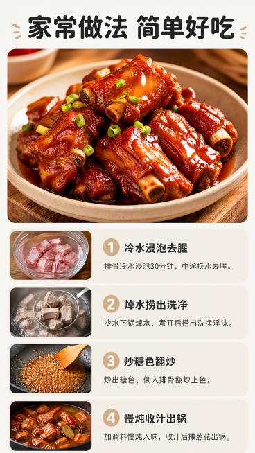 [第6屏] 家常做法展示屏-分享经典红烧排骨做法。
[氛围/风格] 温馨家常菜风，诱人食欲，实景摄影质感。
[元素布局] 画面上半部分展示成品红烧排骨成品图，色泽红亮诱人，下半部分分四步列出简要做法步预览效果