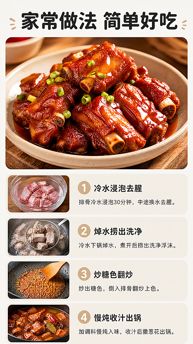 [第6屏] 家常做法展示屏-分享经典红烧排骨做法。
[氛围/风格] 温馨家常菜风，诱人食欲，实景摄影质感。
[元素布局] 画面上半部分展示成品红烧排骨成品图，色泽红亮诱人，下半部分分四步列出简要做法步骤，每步搭配小图标和短句描述，左侧图标右侧文字，清晰易读。步骤为：1. 冷水浸泡去腥 2. 焯水捞出洗净 3. 炒糖色翻炒 4. 慢炖收汁出锅，整体贴近家常烹饪，简单实用。
[光影质感] 暖光氛围，成品菜光影诱人，步骤区域干净明亮，整体温馨有食欲。
[配色色系] 全局底色：#F5F5F0（浅米灰）；主体配色：红烧排骨红亮色泽，辅助浅棕色步骤卡片，文字深灰。
[视角构图] 上文下图，成品占上半部分约55%高度，步骤占下半部分，符合竖版阅读习惯。
[文字版式] 圆角黑体标题字，正文字同家族无衬线，仅黑色和深灰色两种字色，标题纯色填充。顶部主标题 "家常做法 简单好吃"，步骤文字左图右文，行间距适中，手机端清晰可读。
[比例分辨率] 9:16竖版，4K分辨率，文字清晰。
[负向提示词] 步骤文字错乱，成品发黑无食欲，布局混乱，水印。