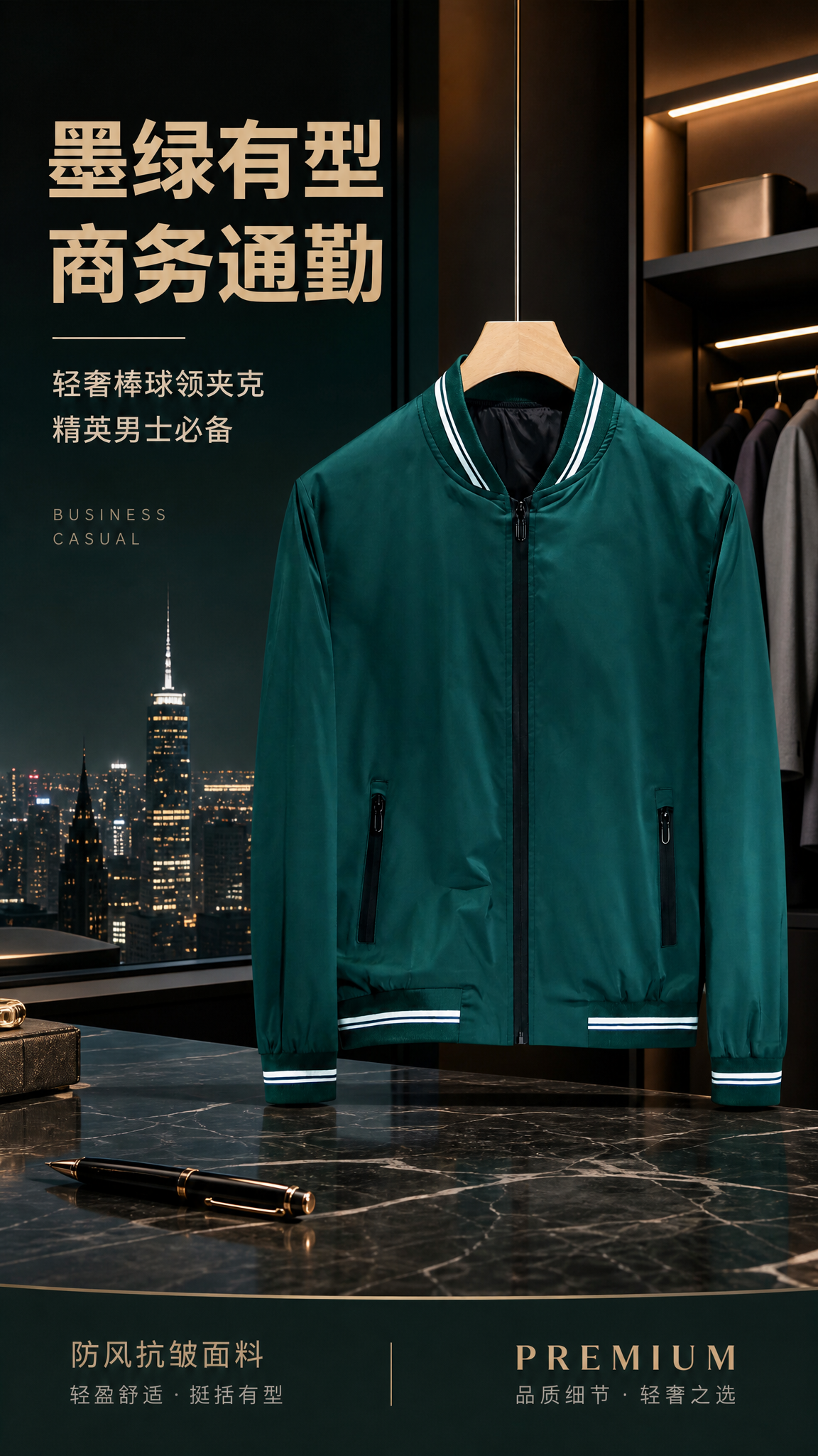 [第1张] 详情页头图-墨绿轻奢棒球领夹克新品宣传海报。本张使… - 图片创意预览
