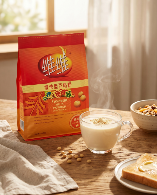 维维维他型豆奶粉包装袋旁边放着一杯冲好的豆奶，营造温馨有意境的早餐氛围，暖色调自然光影预览效果