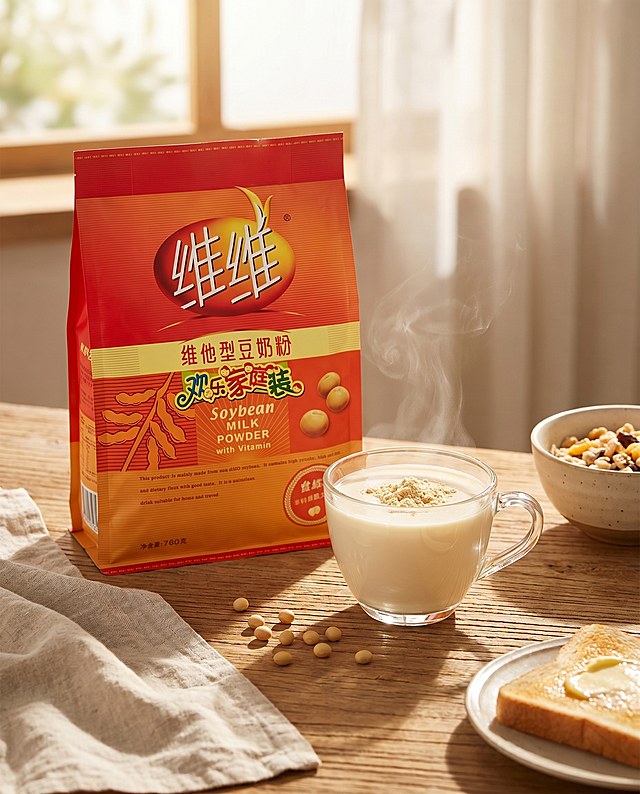 维维维他型豆奶粉包装袋旁边放着一杯冲好的豆奶，营造温馨有意境的早餐氛围，暖色调自然光影