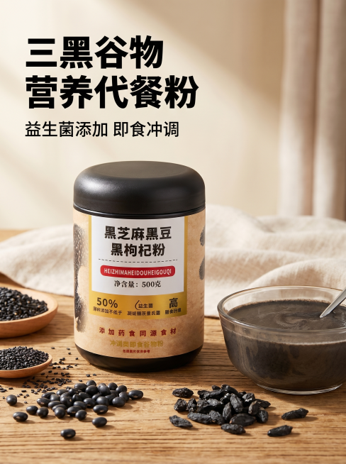 [主图 1] 黑芝麻黑豆黑枸杞粉五谷代餐粉首图。氛围风格：现代简约健康食补氛围感，营养早餐质感。画质：商业摄影质感、光线柔和通透、产品清晰真实、画面干净高级，2K分辨率文字清晰可辨。元素：保持黑芝麻黑预览效果
