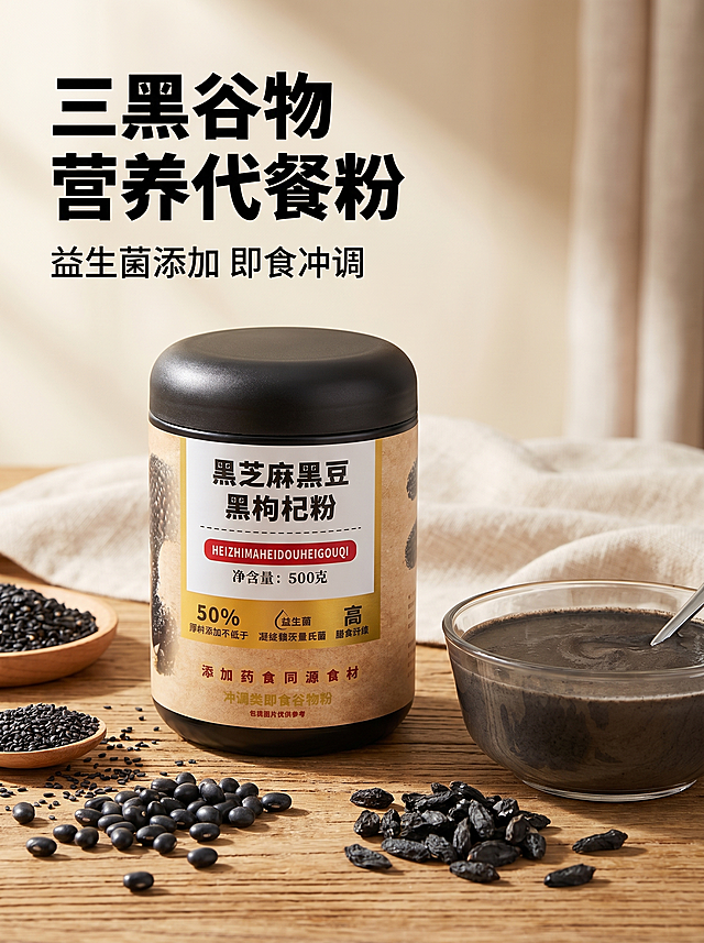 [主图 1] 黑芝麻黑豆黑枸杞粉五谷代餐粉首图。氛围风格：现代简约健康食补氛围感，营养早餐质感。画质：商业摄影质感、光线柔和通透、产品清晰真实、画面干净高级，2K分辨率文字清晰可辨。元素：保持黑芝麻黑豆黑枸杞粉塑料罐产品外观（形状、材质、色调、文字信息）与输入产品图绝对一致，杜绝任何变形和色差，精细化处理。产品罐居中放置在原木餐桌上，周围散落完整黑芝麻、黑豆、黑枸杞原料，旁边摆着玻璃碗冲调好的黑粉糊，展示细腻状态，浅色餐布做背景，营造健康营养早餐氛围。商品主体占比约70%，画面满屏无边框。光影：自然侧逆光，突出粉末细腻质感，柔和环境光填充，层次感分明，暗部清晰有细节。配色：主色调为黑色谷物深色调，搭配原木暖棕，整体简约干净。视角构图：平视视角，产品完整居中不裁切，景深适中。文字版式：左上负空间左对齐留安全边距，大字文案“三黑谷物 营养代餐粉”，黑色粗体字体，辅助小字“益生菌添加 即食冲调”放在大字下方，文字清晰不遮挡产品主体。比例分辨率：3:4比例，2K分辨率。负向提示词：变形，水印，文字错乱，产品图模糊，背景杂乱，色差，过度曝光。