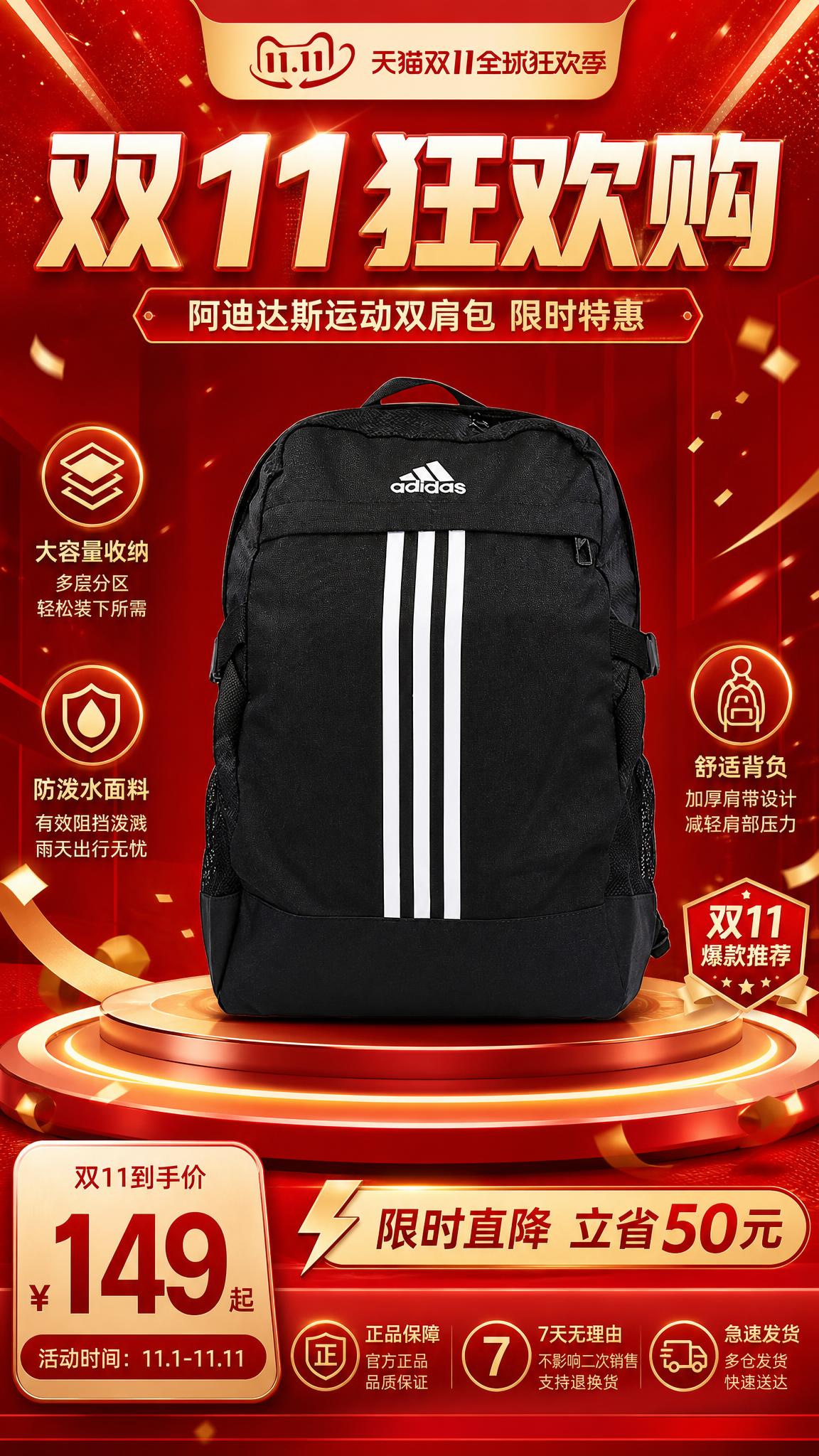 双十一运动双肩包促销竖版海报，写实商业摄影风格，大促红金氛围。… - 图片创意预览