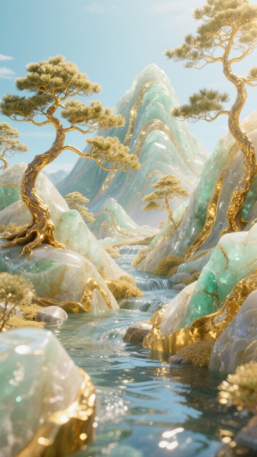 金色玉石的线条流畅的山体；中间溪流穿过；描金树干、玉石枝叶的松树点缀。精致和艺术感兼具的明亮氛围。预览效果