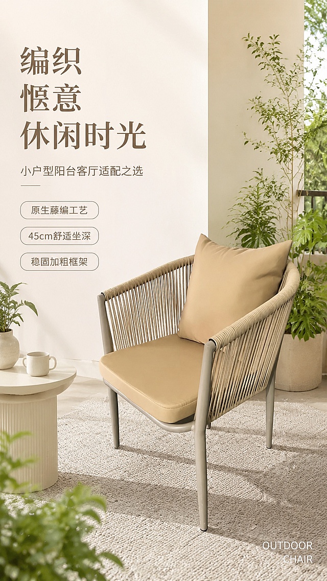 [第1屏] 详情页头图-xxx休闲藤编休闲椅整屋风格场景宣传。本屏使用【图1】作为商品主体。
[氛围/风格] 简约奶油风，自然温馨家居氛围，柔和自然光，商业户外家具摄影质感。
[元素布局] 休闲椅放置于北欧阳台角落，占比约65%；左侧预留标题文案区，场景搭配地毯、小边几、绿植装饰三层软装；产品的藤编结构、椅身框架颜色、坐垫靠垫颜色与输入产品图保持完全一致，结构轮廓不变形。
[光影质感] 左侧斜上方自然柔光照明，椅身下自然柔和投影，藤编纹理清晰突出，整体通透干净。
[配色色系] 全局底色 #F5F1EB；主色奶卡其+浅灰椅架；辅助色清新绿色植物，浅灰色地毯。
[视角构图] 45°斜侧视角，产品为视觉中心，阅读动线左上标题 → 场景产品 → 底部信息。
[文字版式] 版式为左文右图，左侧约1/3竖排文案。主标题「编织惬意休闲时光」，副标题「小户型阳台客厅适配之选」，下方三个亮点胶囊框：「原生藤编工艺」「45cm舒适坐深」「稳固加粗框架」，右下角标注英文「OUTDOOR CHAIR」，文字不遮挡产品主体。
[比例分辨率] 9:16竖版比例，4K分辨率，文字清晰可辨，高清画质。
[负向提示词] 椅身变形，缺件错件，颜色偏差，水印，文字错乱，产品图模糊，结构错误。