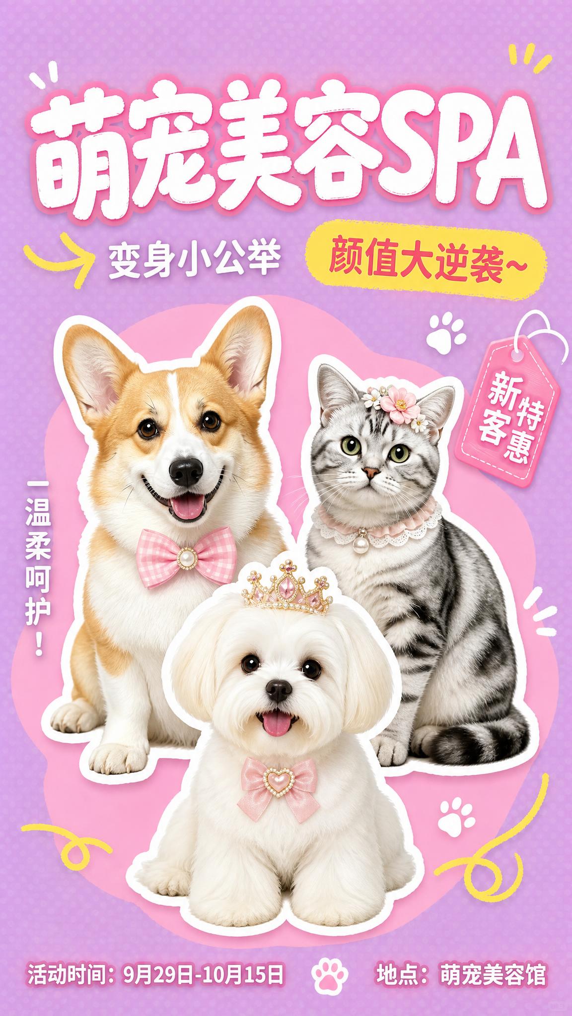 参考图例的版式骨架与可爱贴纸风格，生成一张全新的萌宠美容SPA… - 图片创意预览