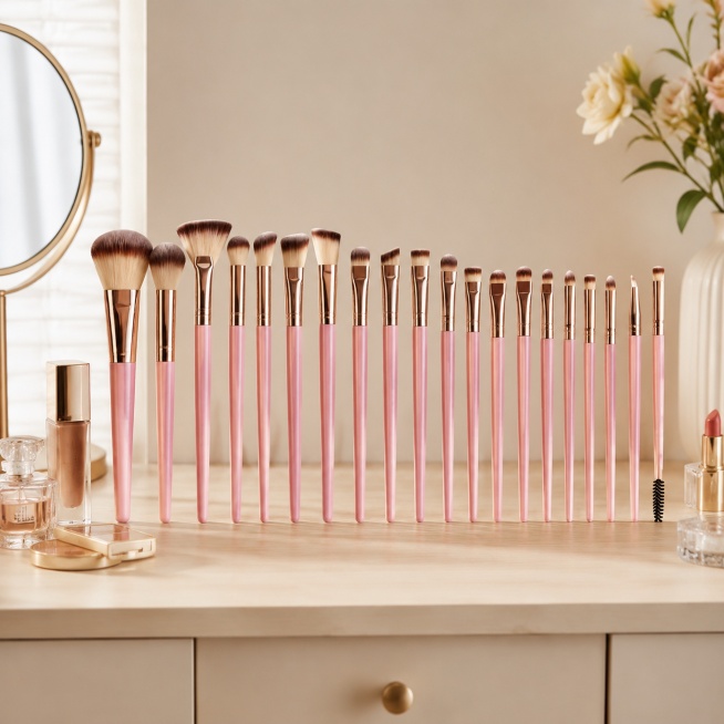 [Main image 6] The 20-piece pink makeup brush set is displayed in a real usage scenario, placed on a预览效果