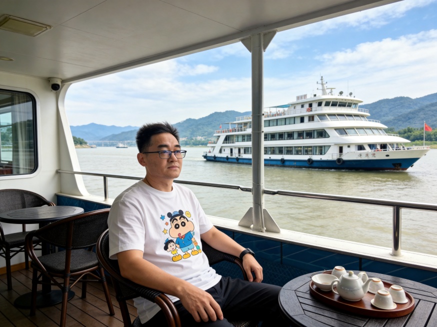 基于参考图修改，人物坐在游船旁边的椅子上，保留原人物脸型发型年龄和眼镜，穿着休闲卡通印花短袖T恤，保留原游船江景背景，写实自然风格预览效果
