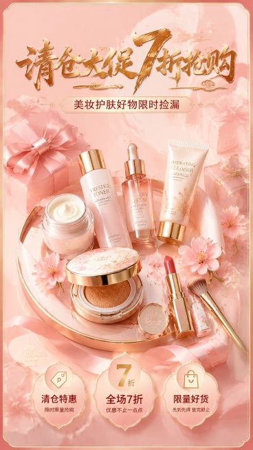 活动海 报打折/降价活动-美妆护肤产打折促销活动海报预览效果