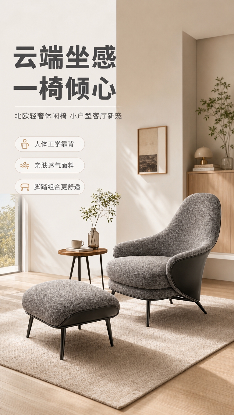 [商品] 使用【图1】灰色布艺休闲椅及配套脚踏；保留弧形高靠背… - 图片创意预览
