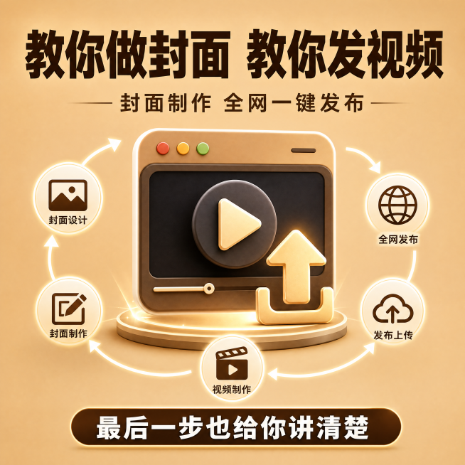 [主图-8] 发布环节闭环主图，浅棕色背景，中心视频发布图标。主标题："教你做封面 教你发视频"，副标题："封面制作 全网一键发布"，底部："最后一步也给你讲清楚"。突出完整制作到发布全闭环，1:1比预览效果
