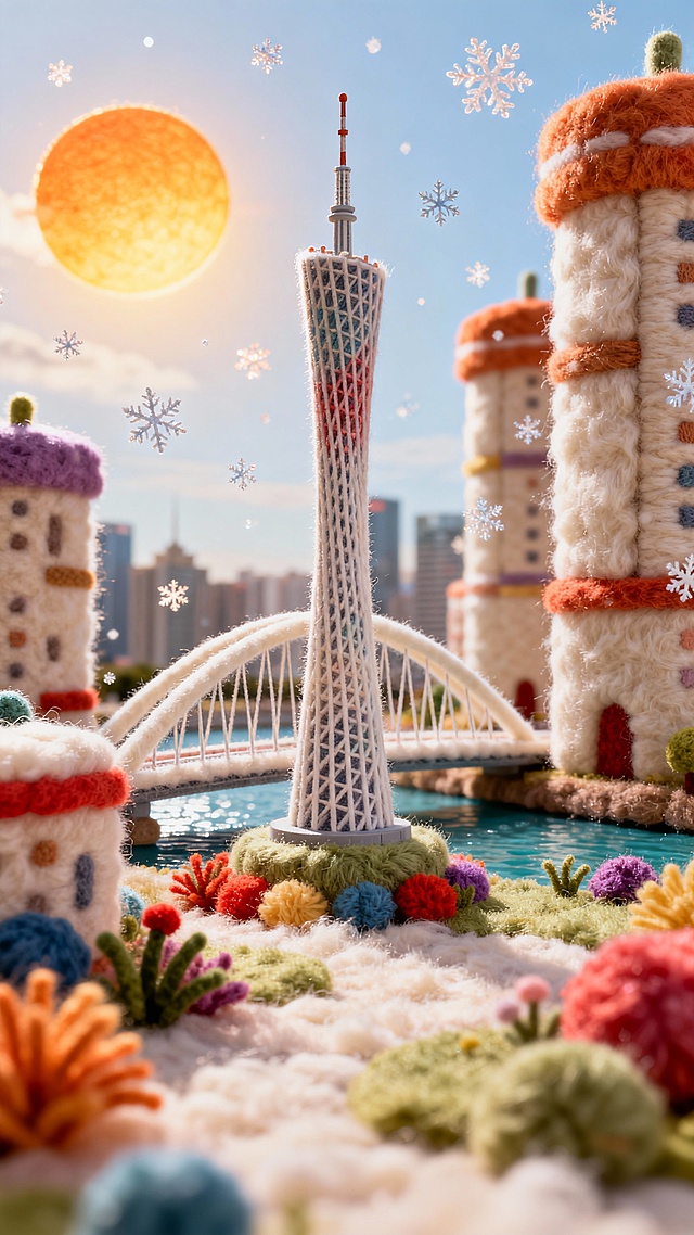 毛茸茸的广州小蛮腰，太阳，海心桥，周边有毛茸茸的建筑，干净的画面，干净的背景，景深，毛毡画，羊毛毡，鲜艳的色彩，童趣，异想天开的，蓬松的，定格动画，微缩景观，有童话的效果