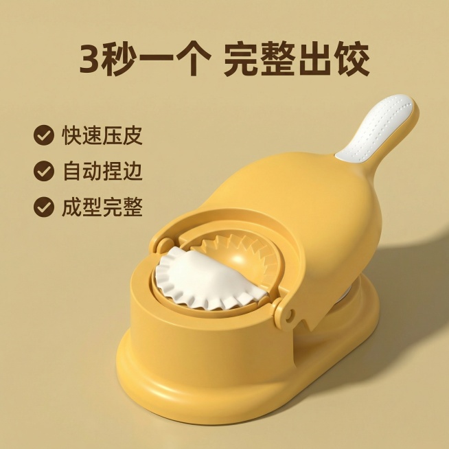 [主图 2] 包饺子神器核心卖点演示，保持原图产品外观一致，延续简约干净风格。
[氛围/风格] 干净明亮，真实厨房场景，突出便捷快速卖点。
[画面元素] 产品居中展示压合出饺子的完整过程，打开状态展示预览效果
