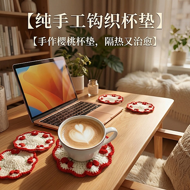 这是一款纯手工钩织的杯垫，换个背景，要家居类的，桌子上放着电脑，电脑旁边放着杯垫。杯垫上面上面放一杯咖啡，要高级一点，重点突出杯垫，添加【纯手工钩织杯垫】【手作樱桃杯垫，隔热又治愈】文字，要符合逻辑