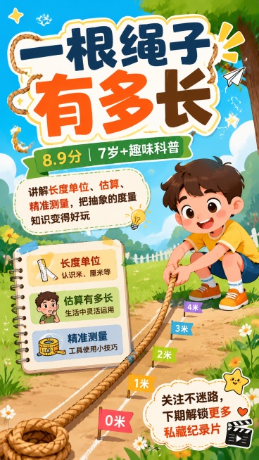 卡通风格科普海报，9:16竖版，整体清新有趣。主标题为"一根绳子有多长"，副标题为"8.9分｜7岁+趣味科普"，辅助文字为"讲解长度单位、估算、精准测量，把抽象的度量知识变得好玩"，右下角文字为"关注预览效果