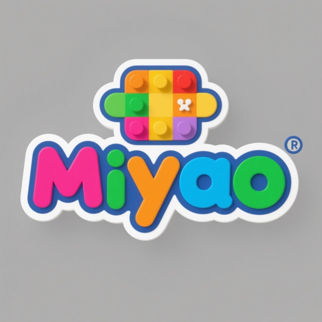 公司logo，名称“Miyao”，搞怪玩具与童装品牌，线条厚实圆润，类似乐高风格，色彩鲜明活泼，适合儿童产品，简洁易识别，无复杂背景预览效果