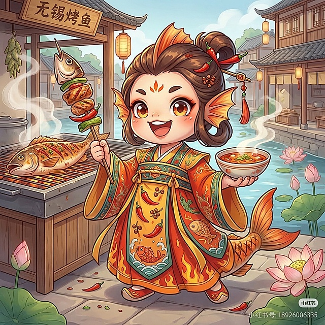 参考参考图的国潮Q版卡通风格，设计巫溪烤鱼的IP形象，拟人化可爱小鱼拟人角色，身体结合烤鱼元素，穿着带有川渝麻辣元素的国风服饰，表情热情活泼，整体精致细腻，国潮插画风格，和参考图风格一致
