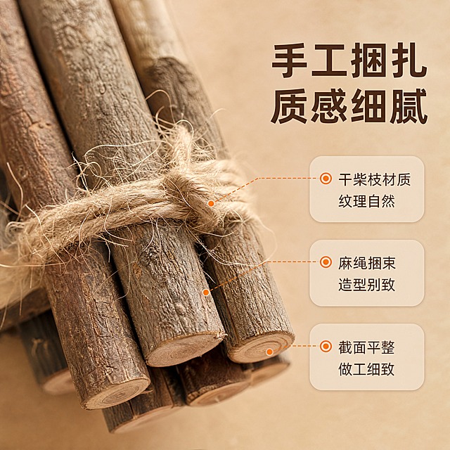 [商品] 使用【图3】喜庆小捆柴摆件局部；保留干柴枝树皮纹理、麻绳捆扎细节、木材质感、截面年轮纹理，不改变材质和结构。
[画面] 目标：细节质感展示，突出干柴枝与麻绳的手工质感。构图：左侧大特写展示麻绳捆扎处与木枝纹理，主体占画面65%，右侧留白放文字说明。前景点焦麻绳纤维细节，中景木枝截面，背景虚化暖米色。阅读动线：从左到右。
[视觉] 套系策略：风格=温馨自然风家居商业摄影；标题字=阿里巴巴普惠体粗体；正文字=阿里巴巴普惠体常规体；主色=暖棕木色；背景延展=基于暖棕木色做深浅层级、同色渐变和细腻纸张/木材质感；强调色=暖橘色，仅用于小面积图标、引线和标签；标题色=深棕褐色；正文色=中暖棕色；组件=圆角浅棕信息卡、细线麻绳引线；光影=左前侧暖柔光，柔和自然阴影。
[文字] 右侧上方主标题"手工捆扎 质感细腻"，下方3个细节说明点配引线指向对应部位："干柴枝材质 纹理自然""麻绳捆束 造型别致""截面平整 做工细致"，文字不遮挡主体细节。所有文字横排，使用阿里巴巴普惠字体。
[规格] 图片比例1:1正方形，4K，负向提示：避免变形、错字、文字过小、冷蓝/蓝灰背景、商品材质改变、极限词、天然/环保/原生态等违规词、小标致图案、淘宝平台违禁词。
