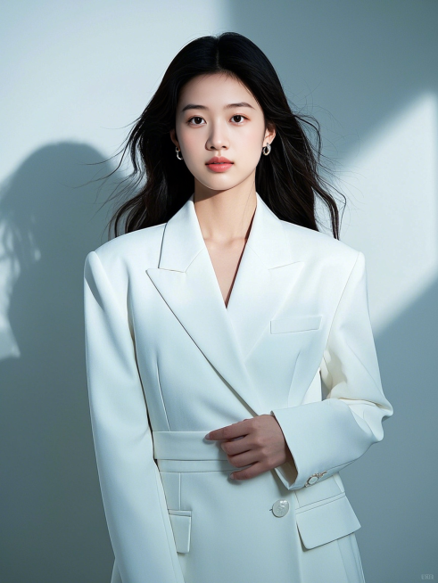 一个女生，背景光影晕染，白色收腰西装西裤，披发，耳环，一个手臂自然垂放，另外一只手放在腰前预览效果
