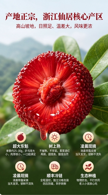 参考提供的详情页案例风格色彩，设计一张9:16的仙居东魁杨梅电商详情页第二屏，核心卖点内容：产地正宗，浙江仙居核心产区，高山坡地，日照足、温差大，风味更浓；超大东魁，单果约25–30g，乒乓球大小，肉预览效果
