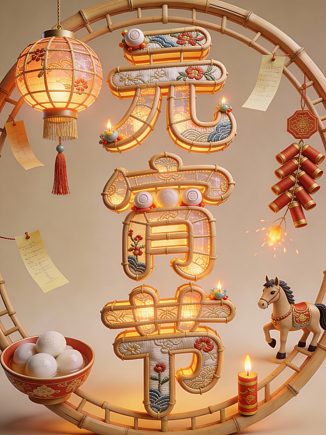 3D重拟物风格，融合刺绣与浮雕元素，竹编框架环绕“元宵节”立体字，配以灯笼、汤圆、鞭炮，营造喜庆中式氛围，传递传统节日温情。