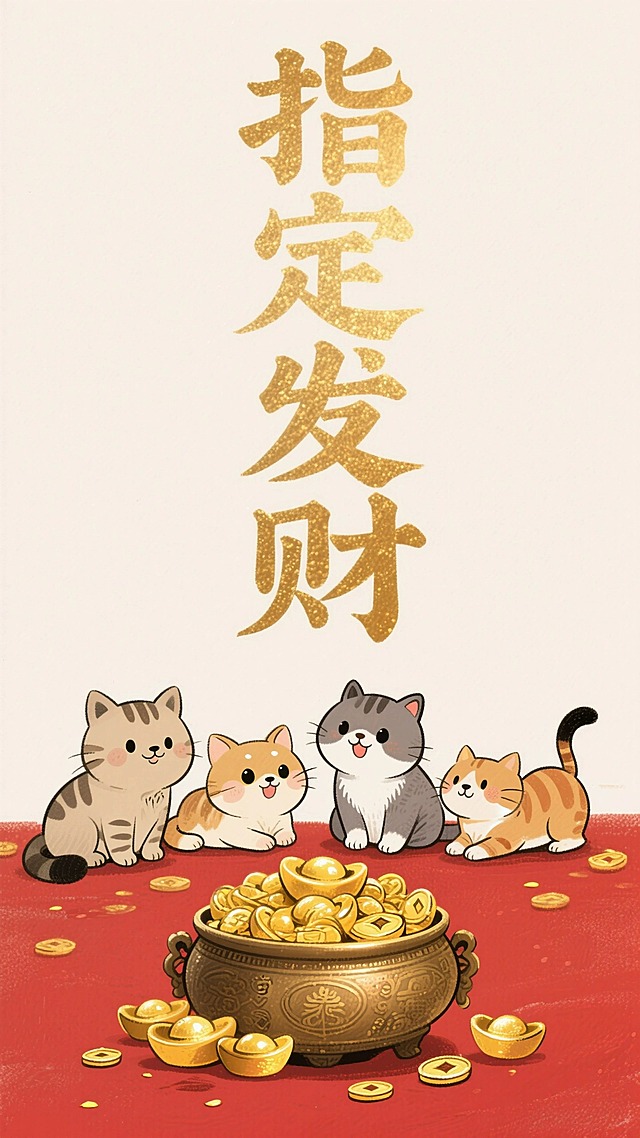 竖着居中写着“指定发财"，四只小动物趴在旁边，聚宝盆，元宝喜庆色调，简单背景