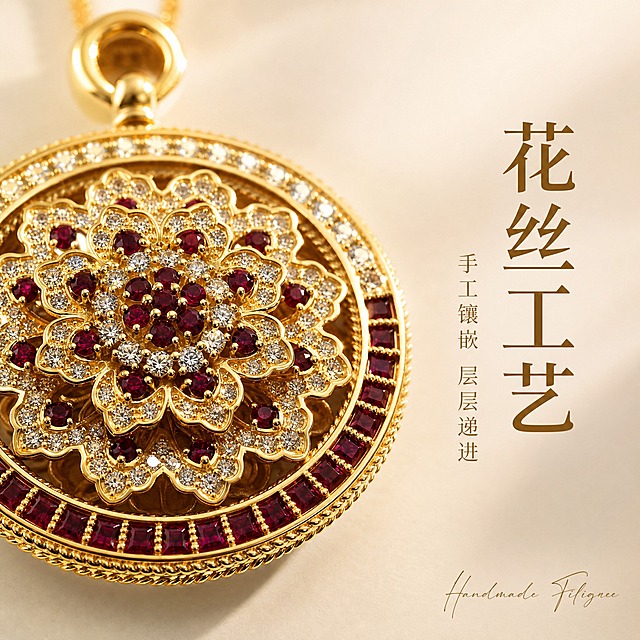 [主图-2] 核心亮点 宫廷花丝工艺与镶嵌细节展示
[统一基调] 小红书原生感精致高级风 香槟奶油色系背景 文艺衬线标题字 金色强调色 极少量文案 手写英文装饰 柔光箱高光+窄条轮廓光 珠宝精修质感
[画面] 红宝石黄金吊坠微距特写 聚焦吊坠中心花型花丝结构 展示多层花瓣状花丝工艺 红宝石密镶与碎钻围边的镶嵌细节清晰可见 金属花丝线条流畅 每一颗宝石爪位整齐 背景为纯净浅奶油米色 左侧有柔和自然光入射 主体占画面约75% 视角正面微俯 画面右侧留出负空间
[光影质感] 微距珠宝摄影质感 侧逆光突出花丝镂空层次感 宝石刻面有明显火彩 金属花丝边缘锐利清晰 凹陷处有柔和阴影体现立体感 产品精修无灰尘无划痕
[配色] 背景奶油米白 黄金金属色 酒红宝石色 透白钻色 标题字深金棕色
[文字版式] 画面右侧中部竖排两行文案 上行大号衬线体 "花丝工艺" 下行小号细体 "手工镶嵌 层层递进" 底部极小字号手写英文 "Handmade Filigree" 文字全部在右侧负空间 不遮挡产品
[输出要求] 1:1正方形 2K高清 微距细节锐利 花丝结构清晰 宝石通透 文字清晰 无变形 无错字 无水印 无平台Logo