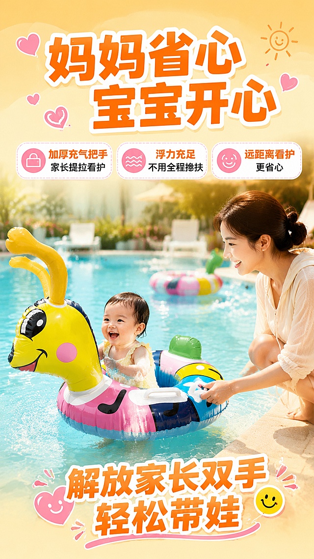 [第12屏] 家长省心卖点-加厚把手+浮力充足+解放双手。本屏使用【图1】作为产品主体。
[氛围/风格] 亲子温馨风，家长视角，省心省力，拼多多宝妈种草风格。
[元素布局] 画面右侧家长的手握住坐圈加厚把手，在泳池边看护宝宝；左侧宝宝坐在坐圈里开心玩水；背景是温馨的泳池亲子场景，有阳光、水花、泳圈等；产品坐圈保持原图造型颜色结构一致，白色加厚把手清晰可见。
[光影质感] 温暖自然光，亲子互动自然真实，产品颜色鲜艳，整体明亮温馨有情感。
[配色色系] 全局底色暖橙渐变#FFE0B2到浅黄#FFF9C4；主色橙色#FF9800、玫粉；辅助色天蓝、肤色。
[视角构图] 侧面平视角度，亲子互动场景，家长在右宝宝在左，阅读动线自然。
[文字版式] 顶部主标题「妈妈省心 宝宝开心」，橙字白边粗黑体；三个卖点：「加厚充气把手 家长提拉看护」「浮力充足 不用全程搀扶」「远距离看护更省心」；底部加「解放家长双手 轻松带娃」；配爱心、笑脸图标。
[比例分辨率] 9:16竖版比例，4K分辨率，文字清晰可辨，高清画质。
[负向提示词] 产品变形，颜色偏差，人物面部扭曲，水印，文字错乱，场景虚假，比例失调。