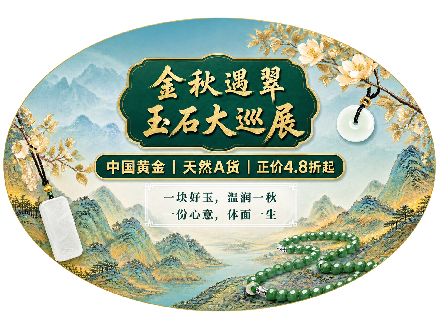 将原图的玉石巡展海报内容裁剪适配为标准椭圆外形，比例8:6（横… - 图片创意预览