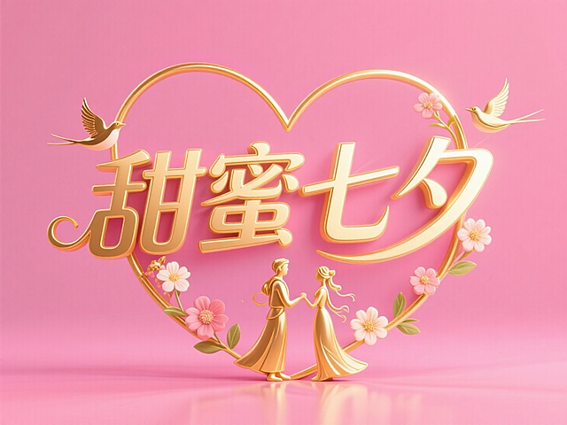 甜蜜七夕，软3D风设计，鎏金元素点缀，浪漫温馨，情侣相依，花鸟环绕，尽显甜美感。