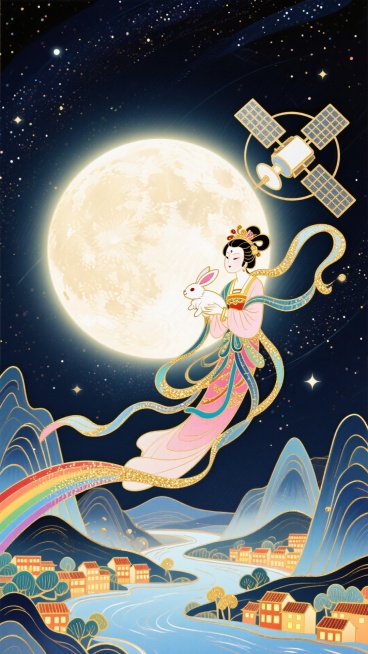 背景为奇幻星空，中间为发光的满月和人造卫星，嫦娥抱着玉兔飞天，衣带飘逸，下部为万家灯火和山川河流。预览效果