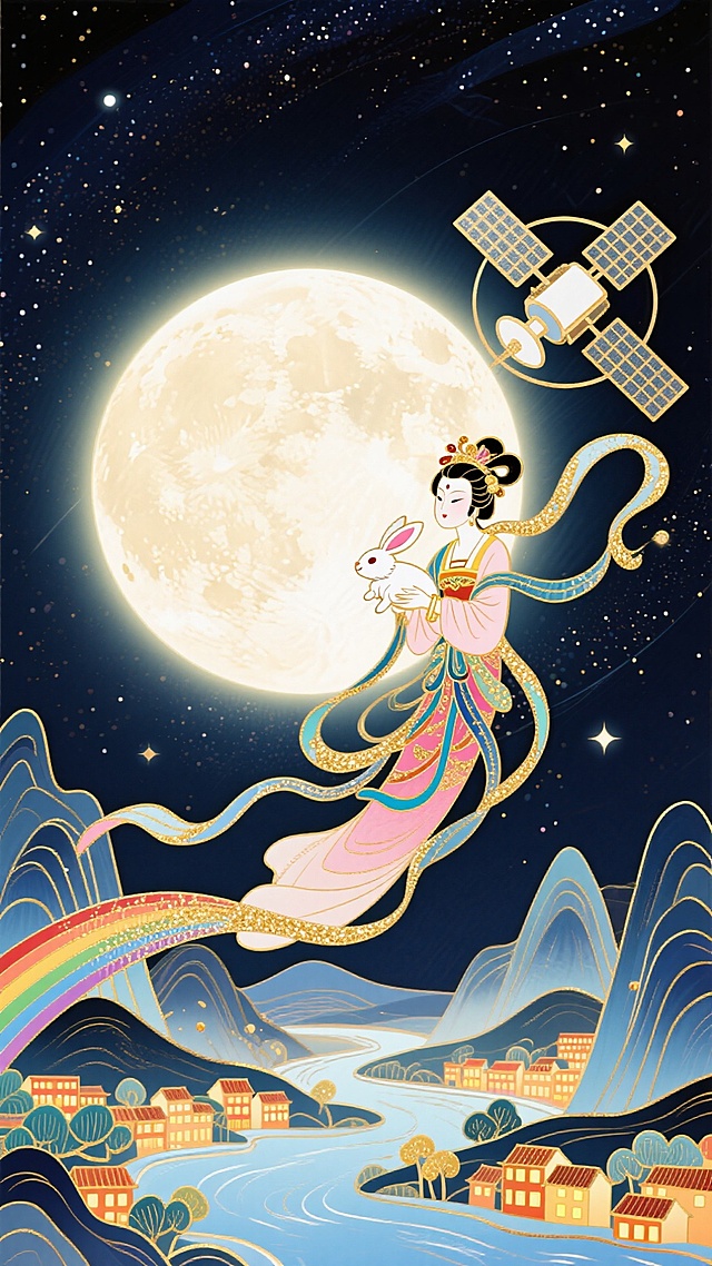 背景为奇幻星空，中间为发光的满月和人造卫星，嫦娥抱着玉兔飞天，衣带飘逸，下部为万家灯火和山川河流。