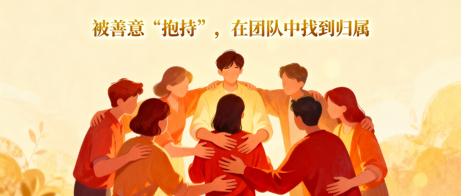 被善意“抱持”，在团队中找到归属

根据上述文字的意思，生成比例尺寸为2.35:1，符合内容的公众号首图。预览效果
