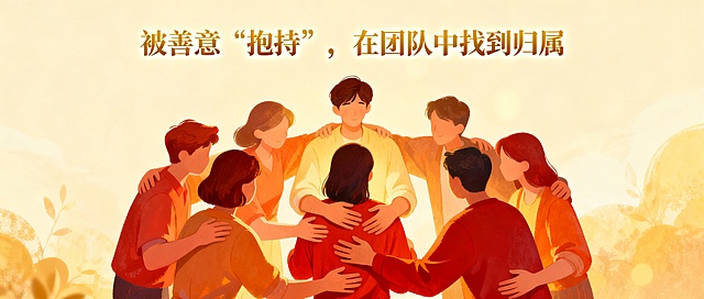 被善意“抱持”，在团队中找到归属

根据上述文字的意思，生成比例尺寸为2.35:1，符合内容的公众号首图。