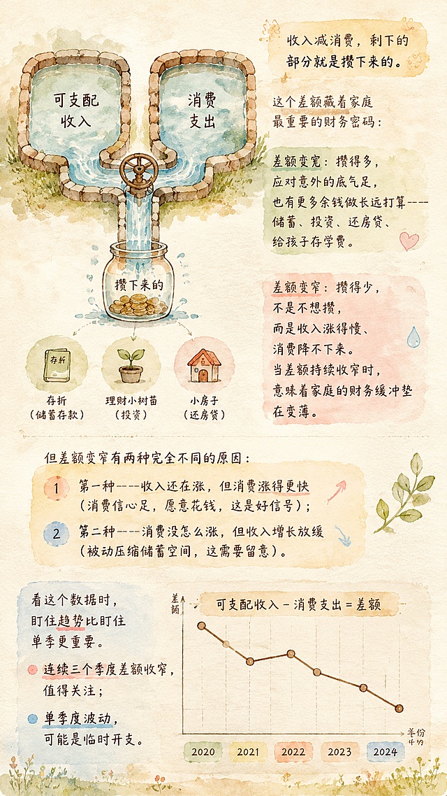 治愈水彩绘本风，手绘水彩质感，纸张纹理，柔光，自然水彩晕染边缘，暖色调为主，柔和棕墨色手写体中文，半透明水彩色块，童话绘本感，无硬阴影，无矢量感，无纯黑色。与之前手账页面保持同一风格。画面描述：画面中央画着两个并排的小水池。左边水池标注可支配收入，右边水池标注消费支出。两个水池的水位有高有低，中间连接着一条渠道，渠道上画着一个阀门。多余的水流进下方的一个小储钱罐，储钱罐旁边画着三个小用途图标：存折（储蓄存款）、理财小树苗（投资）、小房子（还房贷）。下方画着一条多年份的趋势曲线。画面上需出现的手写文字（棕墨色手写体，确保每一个字正确且清晰可见，不要出现二维码占位）：“收入减消费，剩下的部分就是攒下来的。
这个差额藏着家庭最重要的财务密码：
差额变宽：攒得多，应对意外的底气足，
也有更多余钱做长远打算——
储蓄、投资、还房贷、给孩子存学费。
差额变窄：攒得少，不是不想攒，
而是收入涨得慢、消费降不下来。
当差额持续收窄时，
意味着家庭的财务缓冲垫在变薄。
但差额变窄有两种完全不同的原因：
第一种——收入还在涨，但消费涨得更快
（消费信心足，愿意花钱，这是好信号）；
第二种——消费没怎么涨，但收入增长放缓
（被动压缩储蓄空间，这需要留意）。
看这个数据时，盯住趋势比盯住单季更重要。
连续三个季度差额收窄，值得关注；
单季度波动，可能是临时开支。”